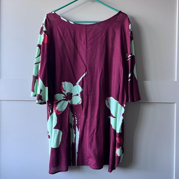 Tiare Teti Tahiti Dress Women XL Burgundy Mint Tunic Floral Rayon Hawaiian Aloha - Picture 2 of 11
